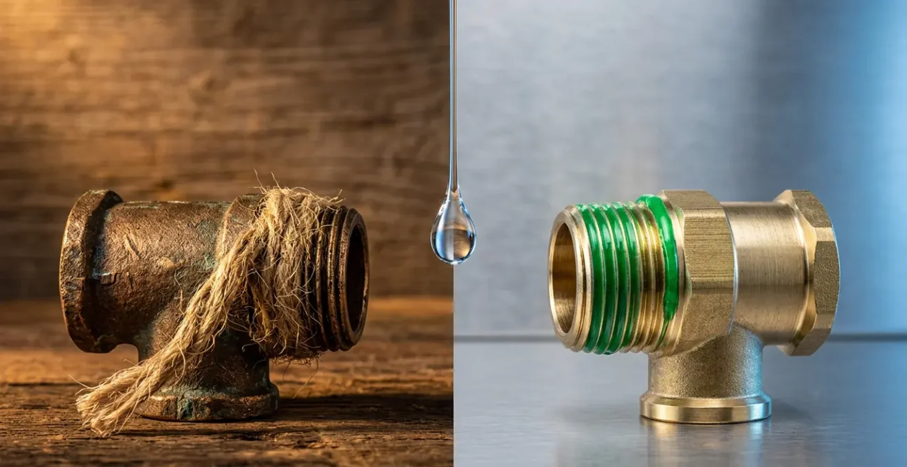 Comparaison visuelle entre filasse et résine anaérobie pour raccords de plomberie
