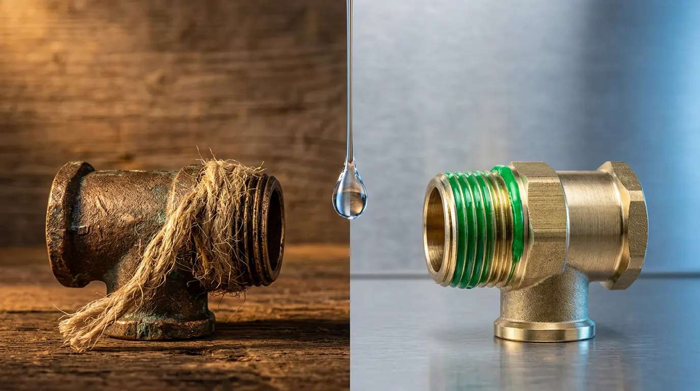 Comparaison visuelle entre filasse et résine anaérobie pour raccords de plomberie