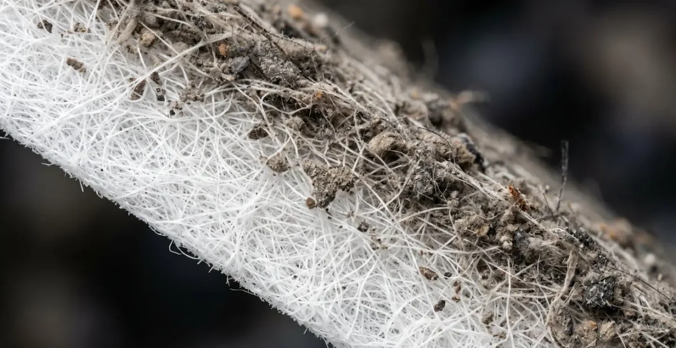 Vue macro d'un filtre CTA encrassé montrant l'accumulation de particules
