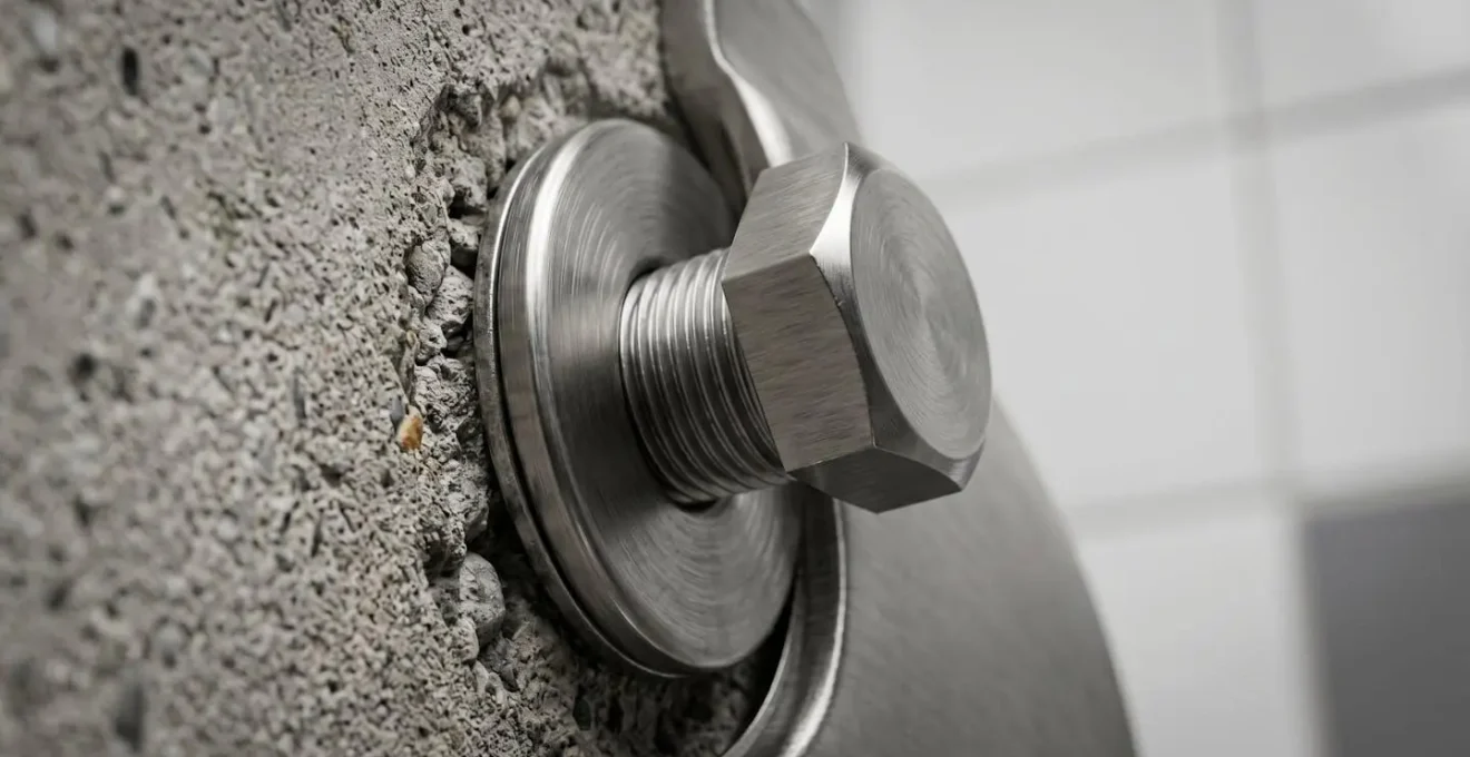 Gros plan technique sur un système de fixation traversante pour sanitaire en acier inoxydable