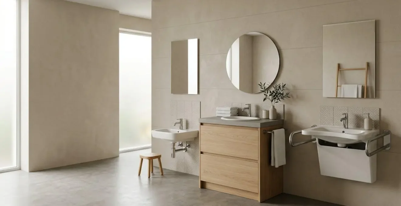 Vue d'ensemble moderne d'une salle de bain avec différentes hauteurs de vasque adaptées aux utilisateurs