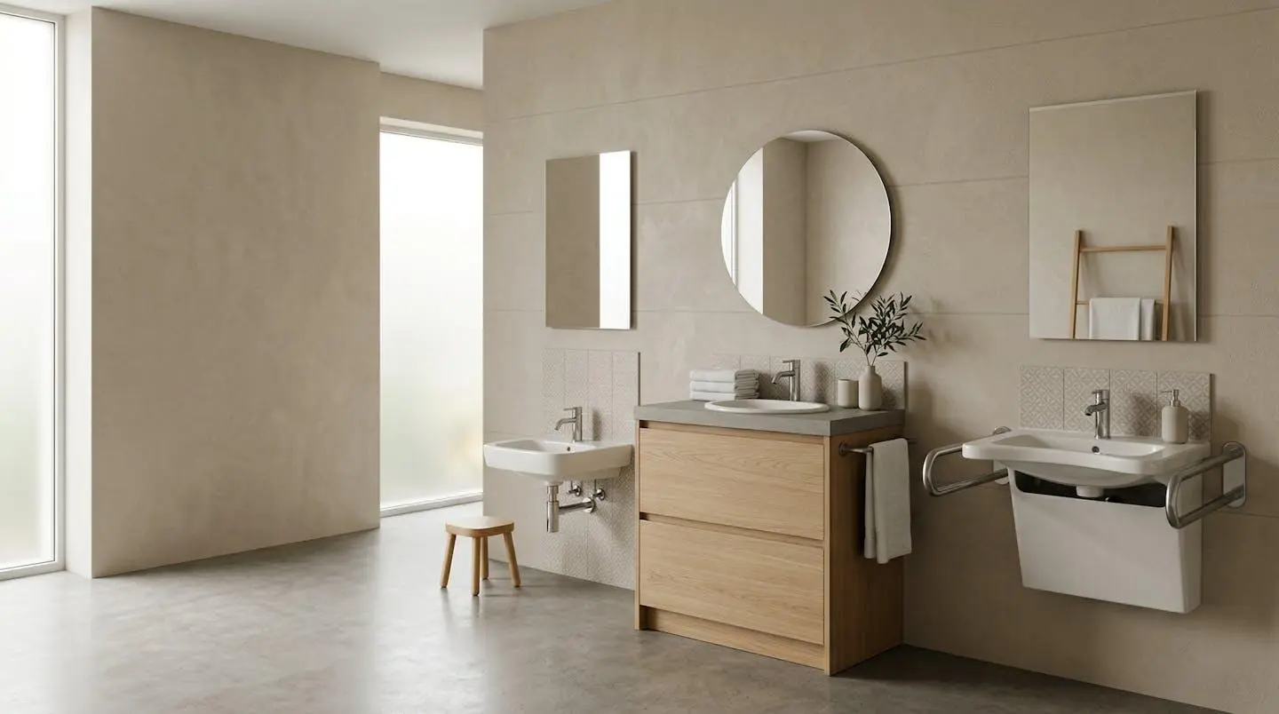 Vue d'ensemble moderne d'une salle de bain avec différentes hauteurs de vasque adaptées aux utilisateurs