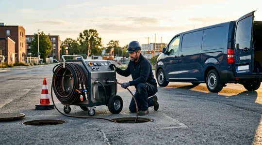 Plombier professionnel utilisant un hydrocureur autonome devant un véhicule utilitaire équipé