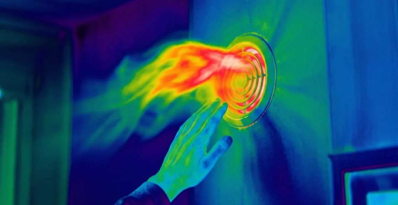 Image thermographique montrant les températures d'air aux bouches de VMC en fonctionnement hivernal