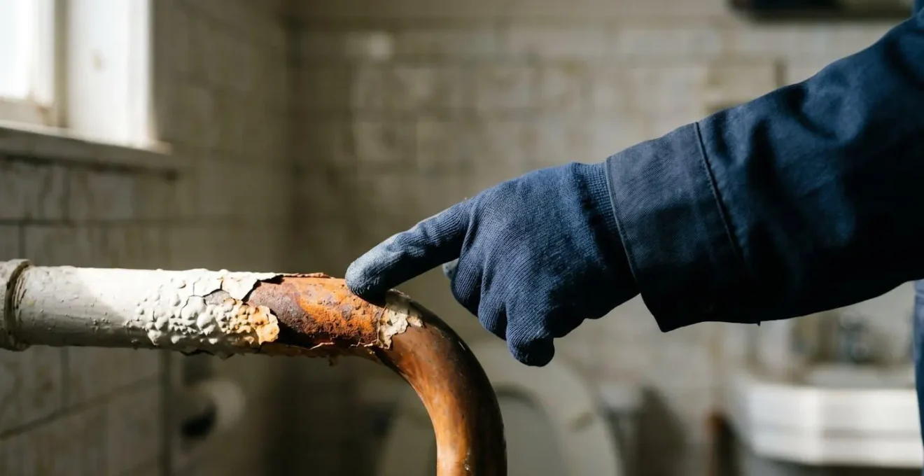 Gros plan sur tuyau métallique avec peinture écaillée révélant la rouille sous-jacente