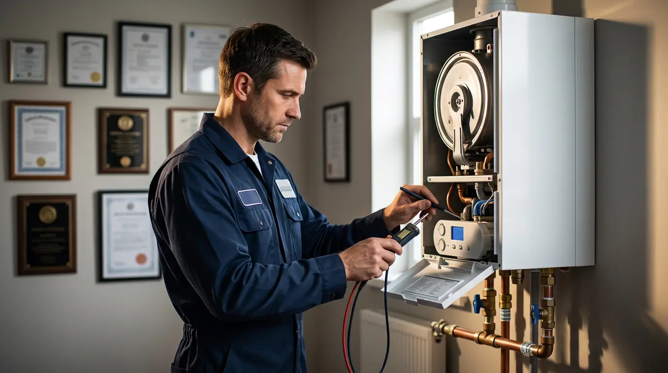 Technicien certifié examinant une chaudière moderne avec documentation technique et outils professionnels