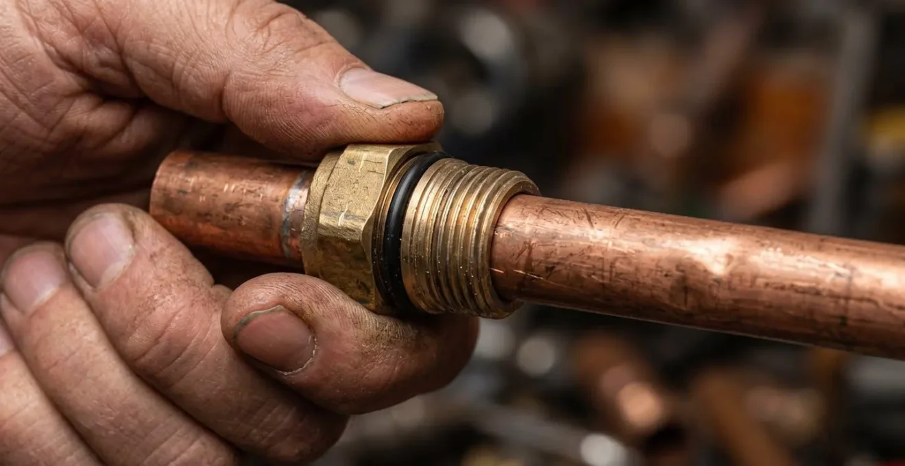 Mains d'artisan installant un raccord rapide sur tuyau avec outils visibles