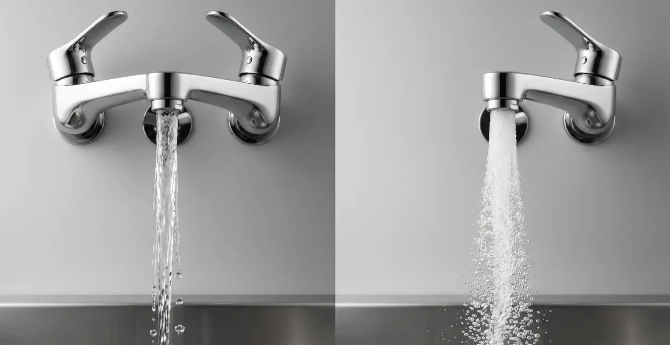 Comparaison visuelle entre un jet d'eau normal et un jet avec aérateur