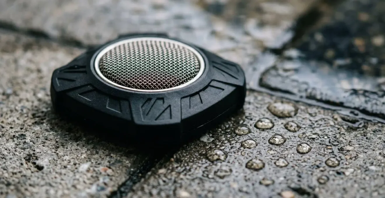 Gros plan sur un microphone acoustique professionnel posé sur un sol carrelé détectant une fuite