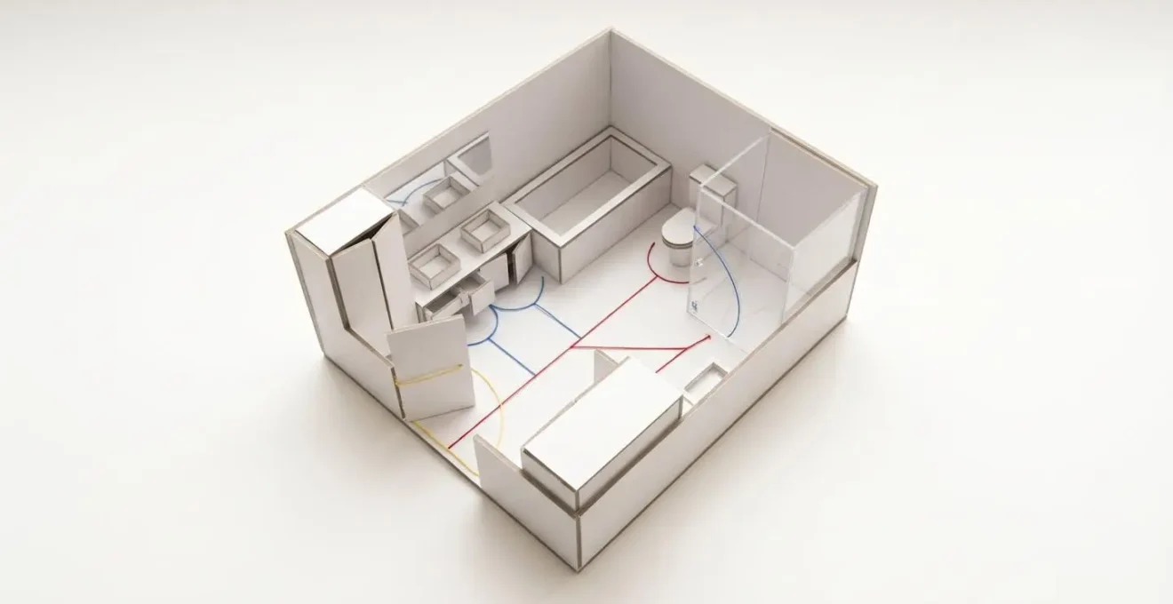 Vue aérienne d'une maquette 3D de salle de bain montrant les zones de circulation et débattement