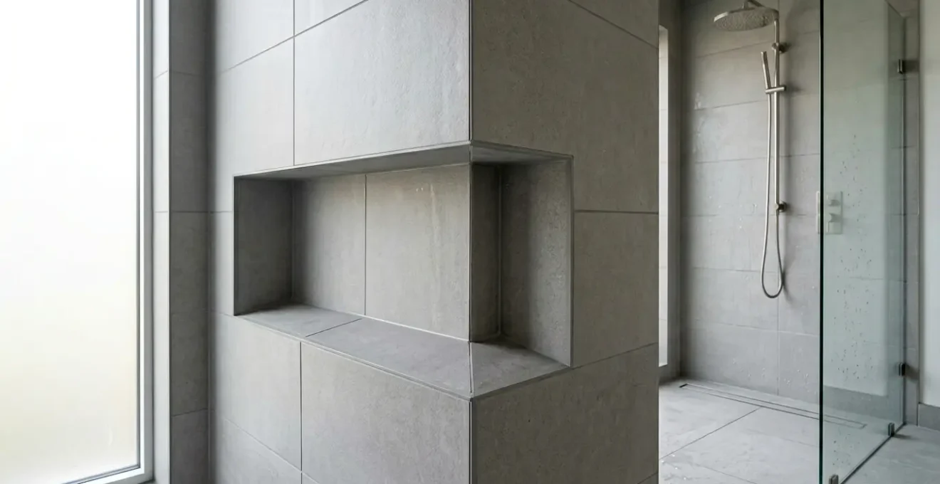 Niche de douche carrelée moderne avec angles rentrants et système d'étanchéité dans une salle de bain contemporaine