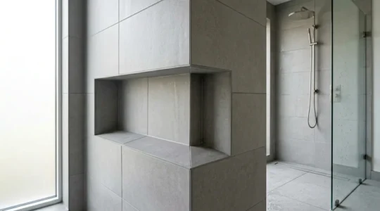 Niche de douche carrelée moderne avec angles rentrants et système d'étanchéité dans une salle de bain contemporaine