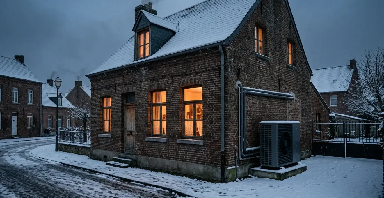 Pompe à chaleur air-eau installée sur une maison ancienne dans le Nord pendant l'hiver