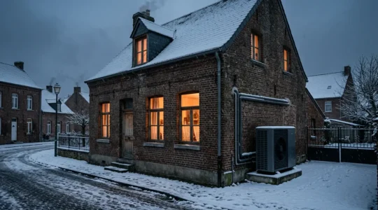 Pompe à chaleur air-eau installée sur une maison ancienne dans le Nord pendant l'hiver