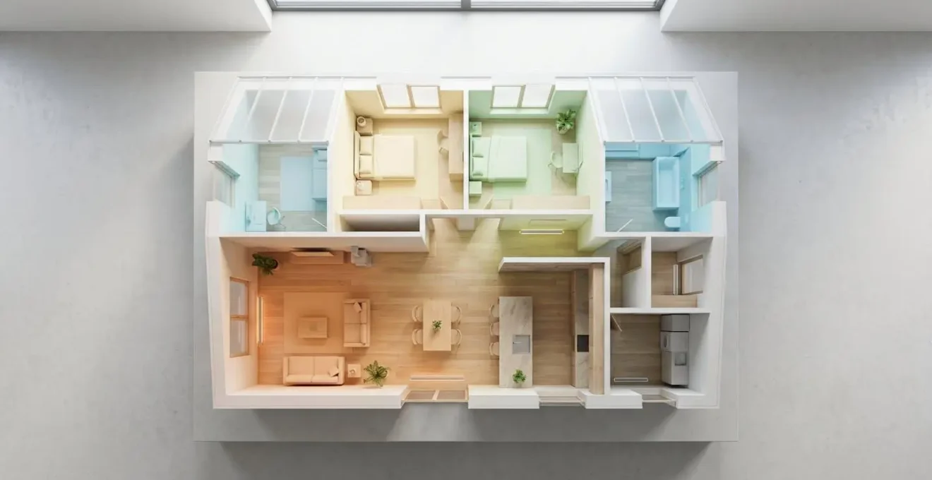 Vue aérienne schématique d'une maison montrant le positionnement optimal des thermostats et les flux de chaleur