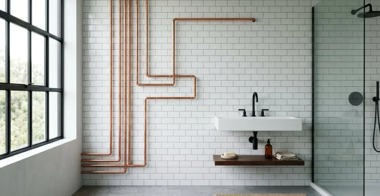 Tuyauterie en cuivre apparent dans un style industriel chic avec robinetterie moderne