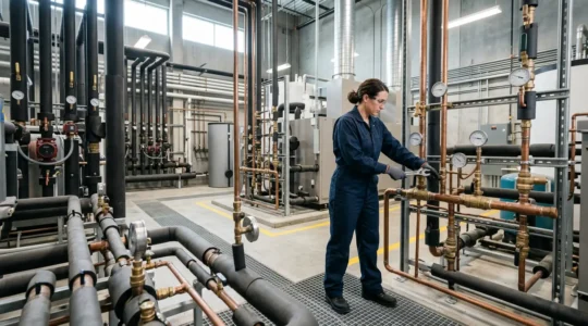 Expert en génie climatique inspectant une installation thermique complexe avec tuyauterie et équipements techniques