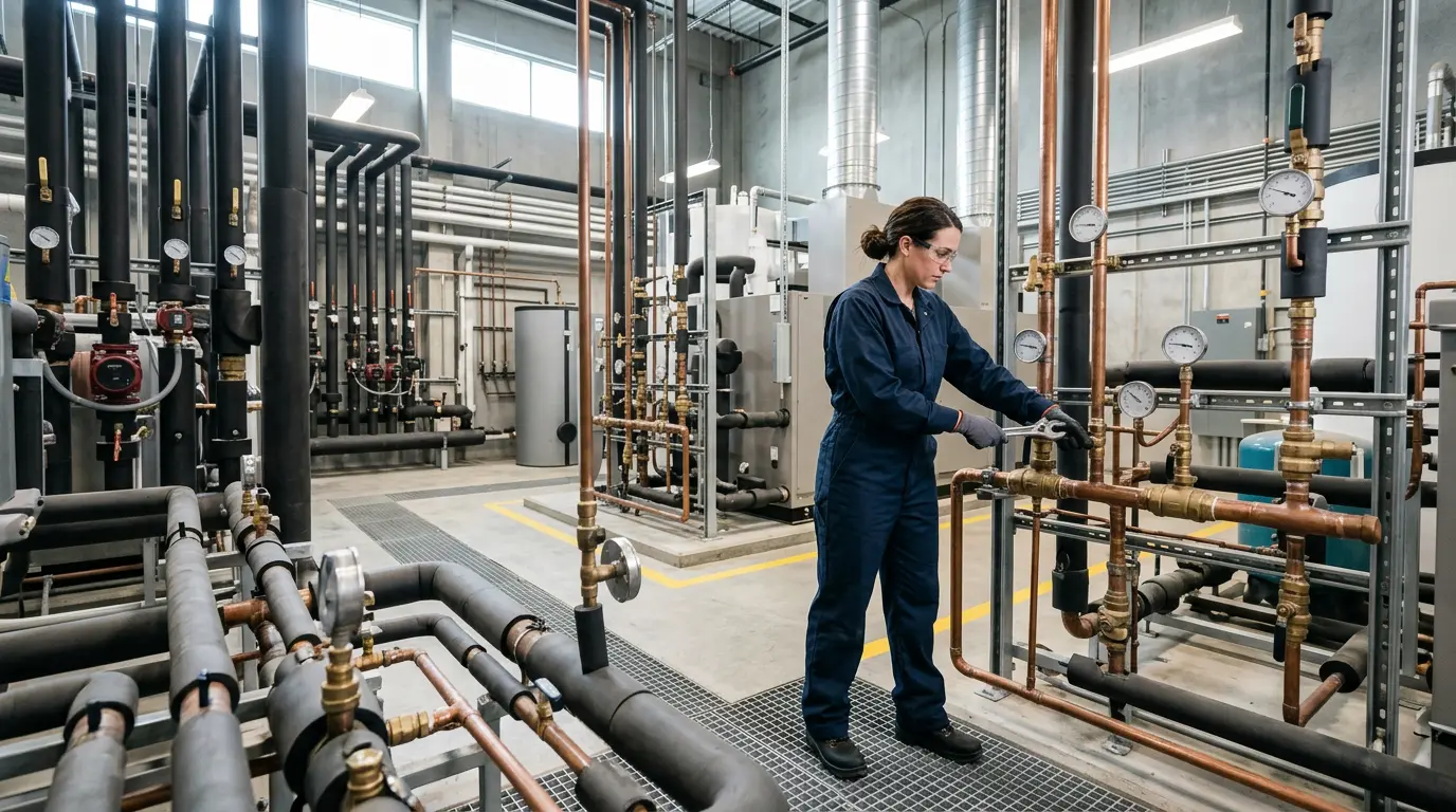 Expert en génie climatique inspectant une installation thermique complexe avec tuyauterie et équipements techniques