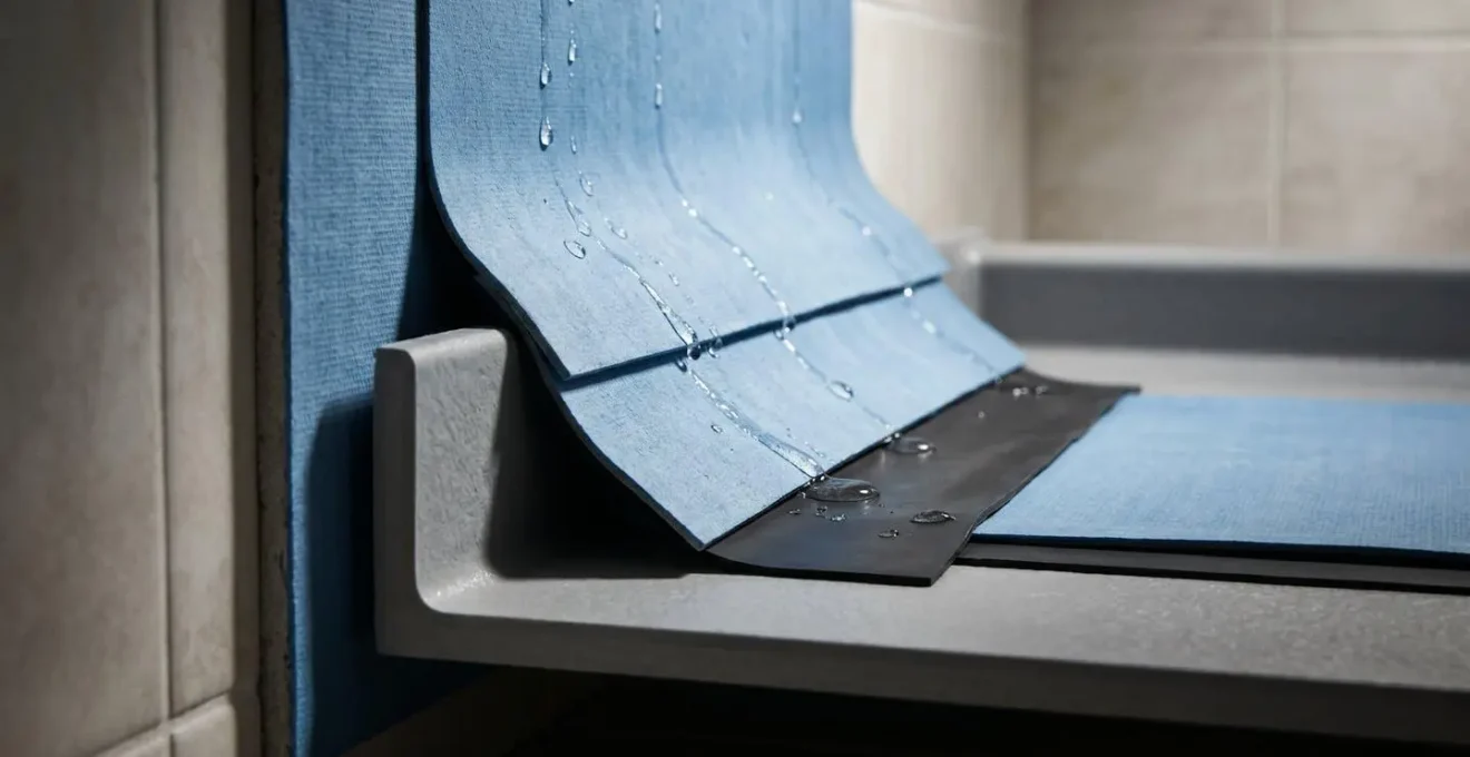 Schéma technique montrant le principe de recouvrement de l'étanchéité murale sur le rebord du receveur de douche