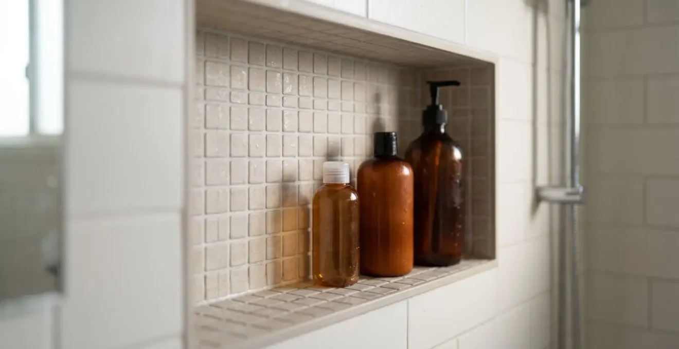 Vue en coupe d'une niche de douche montrant la profondeur idéale avec différents flacons