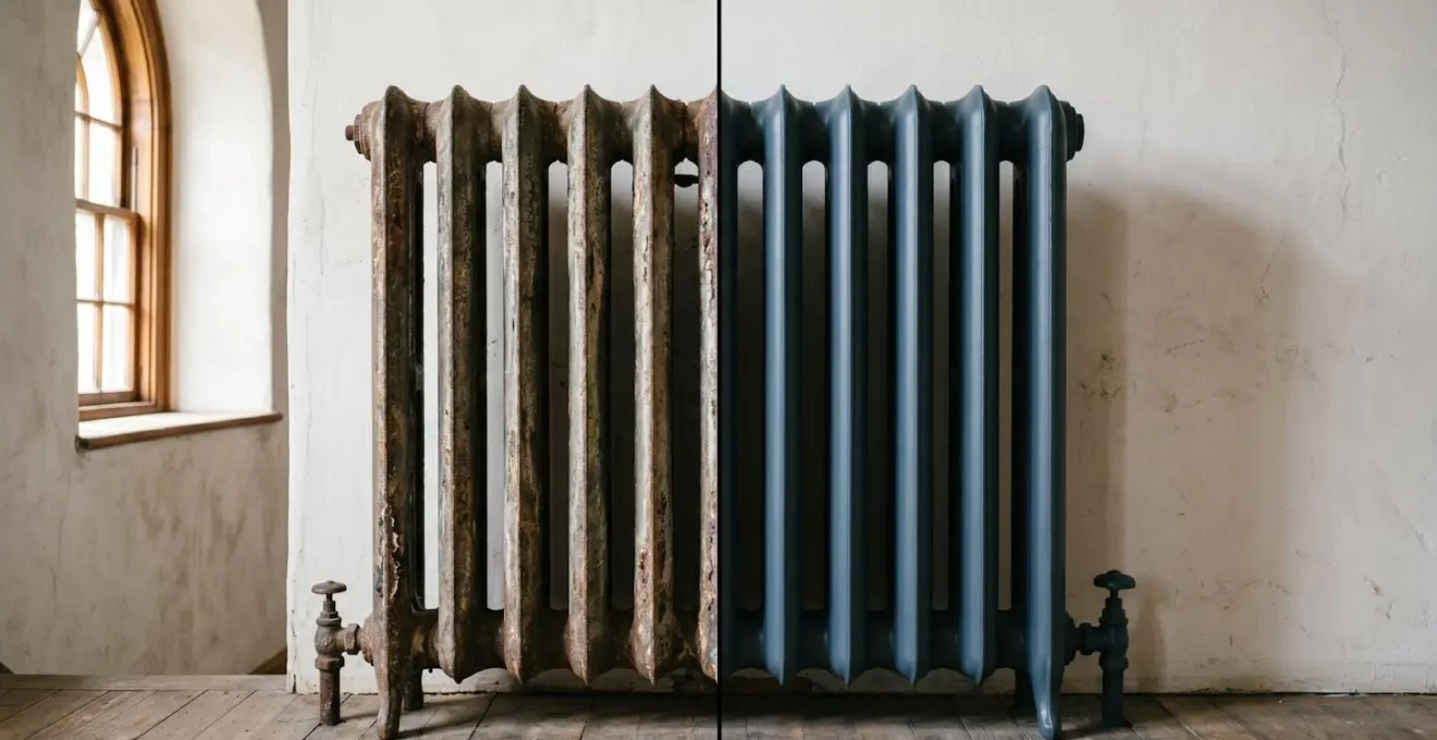 Comparaison visuelle d'un radiateur en fonte avant et après application de peinture adaptée
