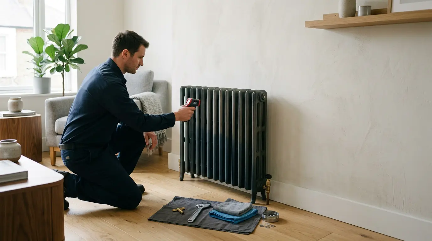 Diagnostic d'un radiateur avec zones froides visibles et outils d'intervention pour purge et désembouage