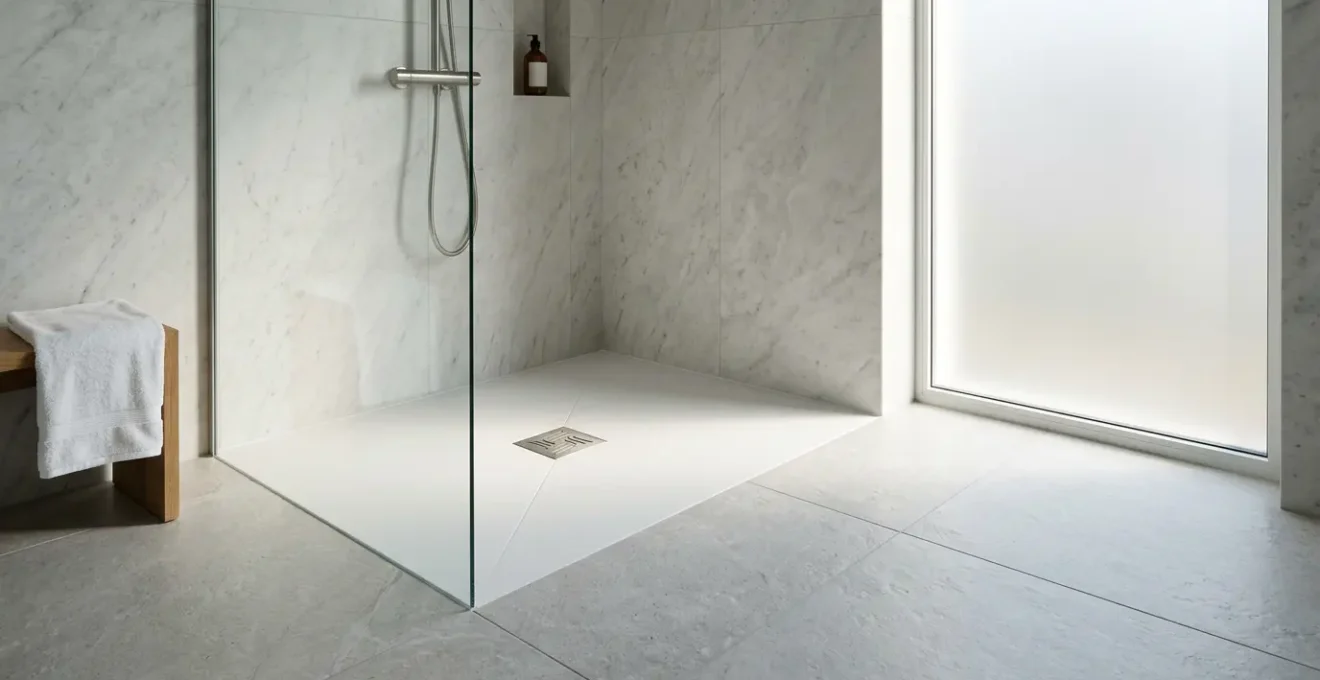 Vue comparative d'un receveur de douche extra-plat installé dans une salle de bain contemporaine, montrant la finition et l'intégration au sol