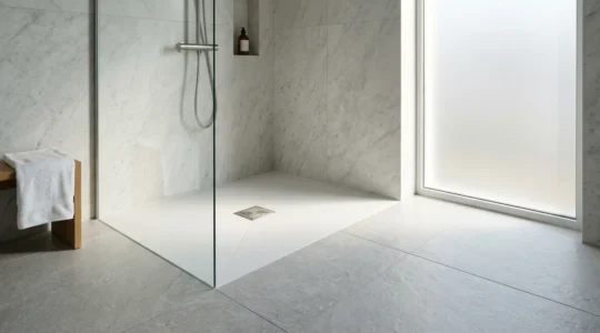 Vue comparative d'un receveur de douche extra-plat installé dans une salle de bain contemporaine, montrant la finition et l'intégration au sol
