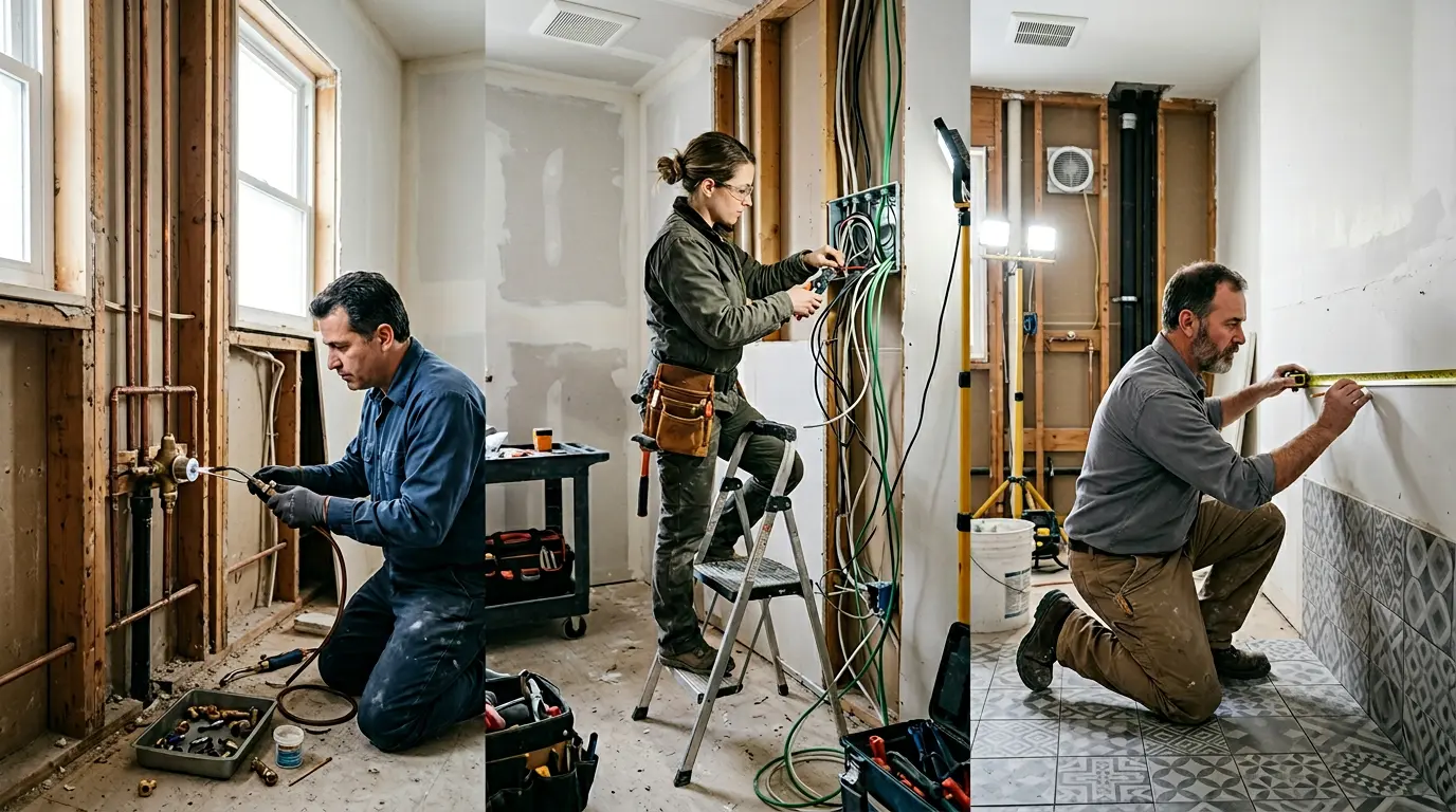 Vue d'ensemble d'une salle de bain en rénovation avec trois artisans travaillant simultanément dans différentes zones