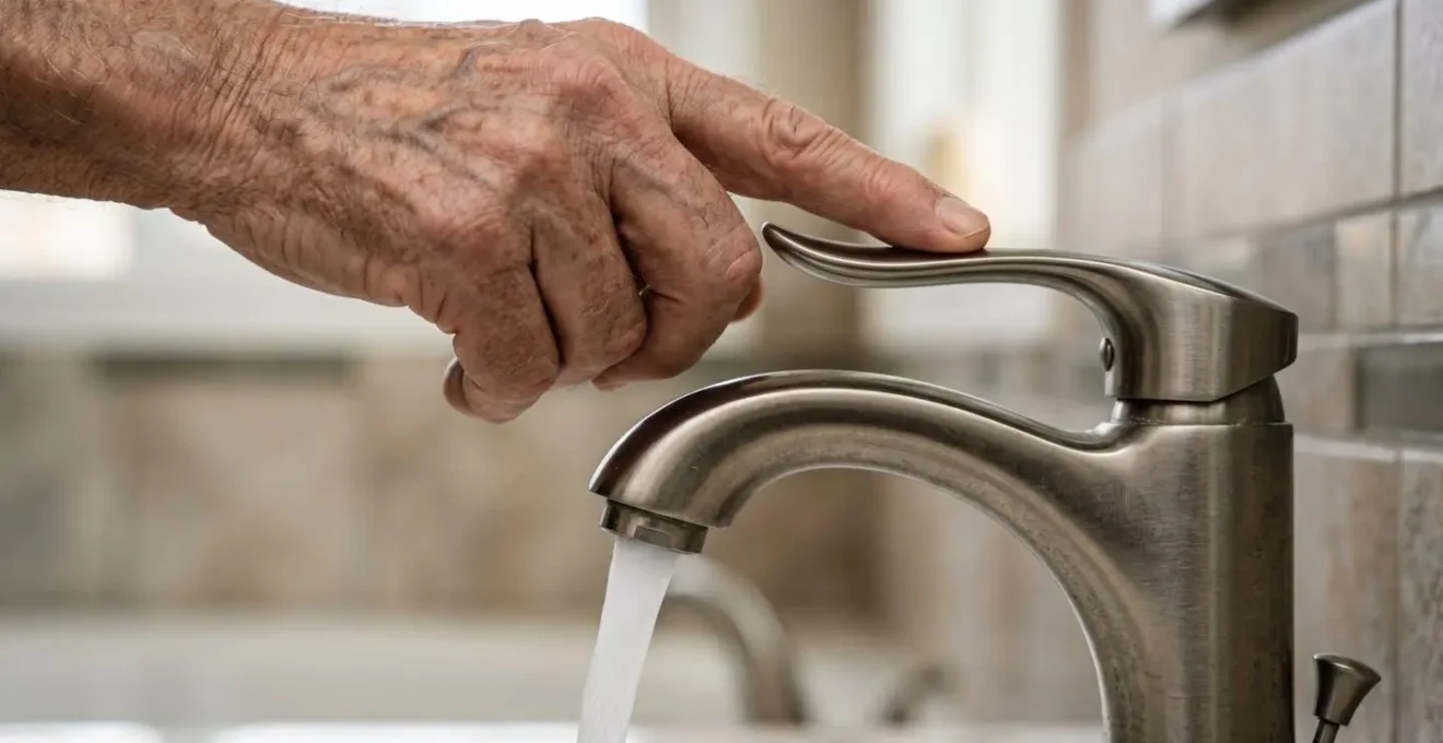 Gros plan sur une main utilisant un robinet à levier ergonomique dans une salle de bain moderne