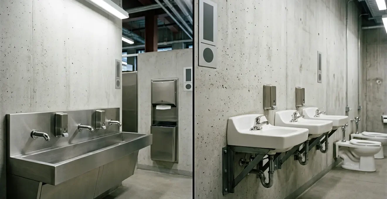 Vue comparative de lavabos en inox et céramique installés dans un environnement de stade moderne