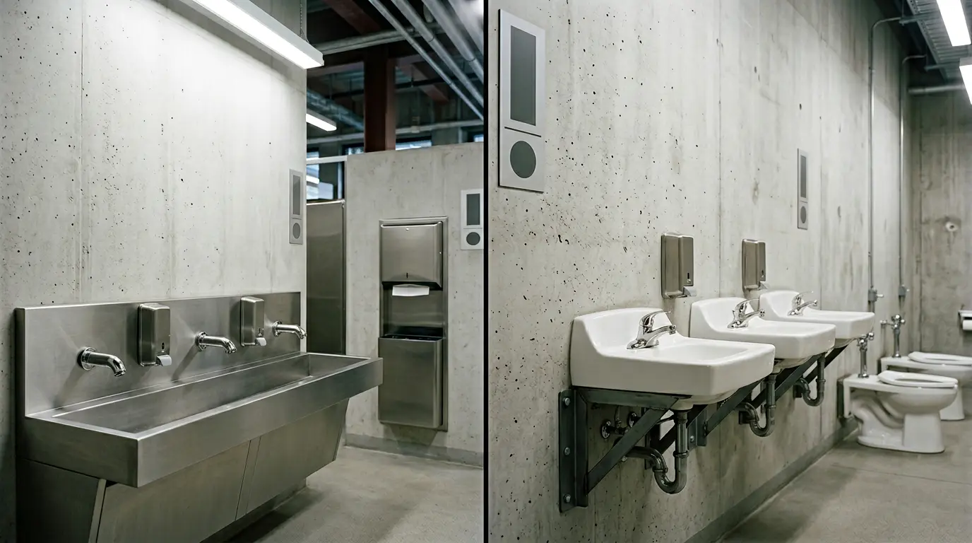 Vue comparative de lavabos en inox et céramique installés dans un environnement de stade moderne