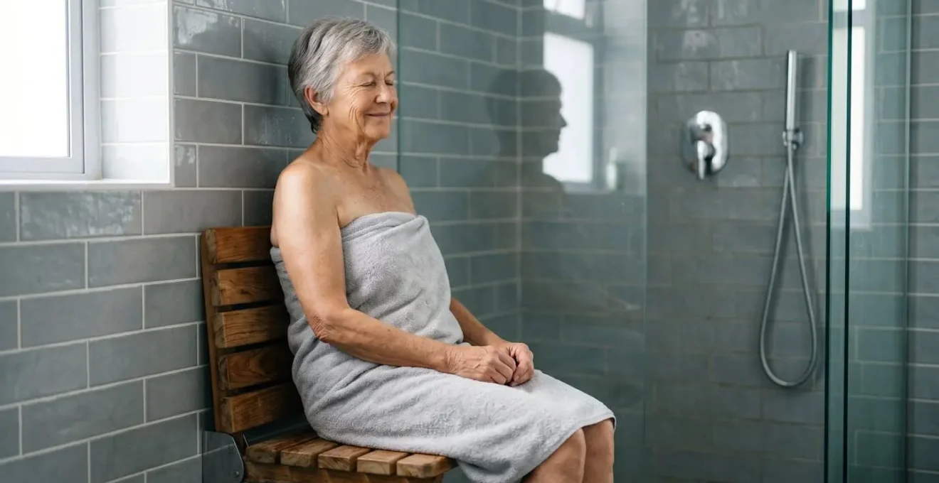 Siège de douche escamotable en bois dans une douche moderne avec carrelage clair