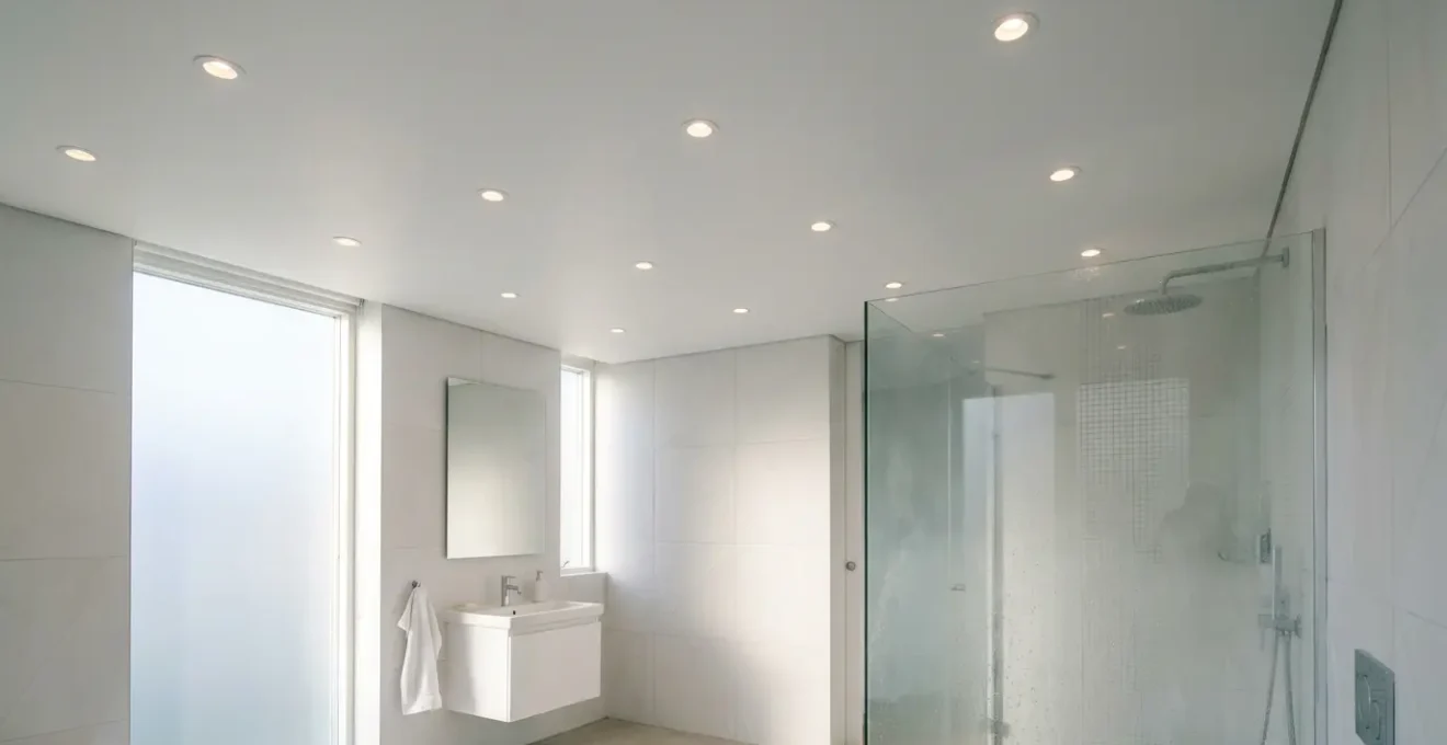Spot encastré dans un plafond de salle de bain moderne avec carrelage blanc et vapeur d'eau ambiante