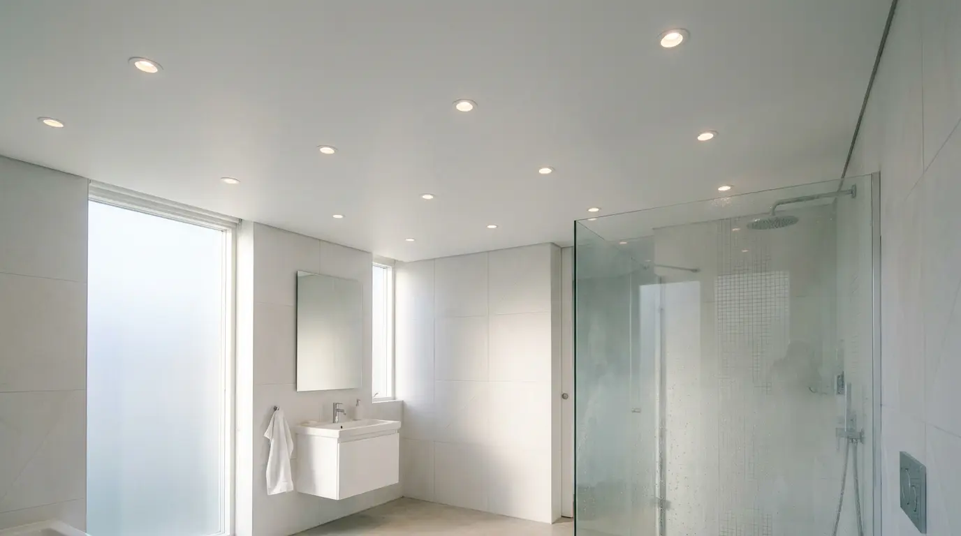 Spot encastré dans un plafond de salle de bain moderne avec carrelage blanc et vapeur d'eau ambiante