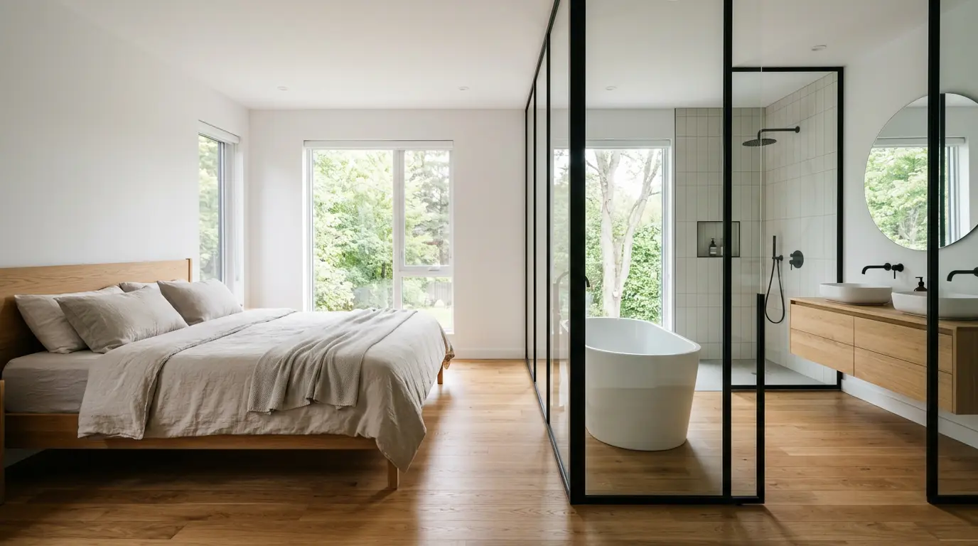 Suite parentale moderne avec salle de bain ouverte sur la chambre, séparée par une verrière