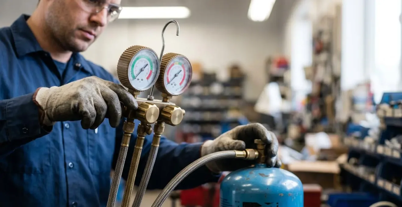 Technicien frigoriste avec équipement de détection de fuites et station de récupération de fluides