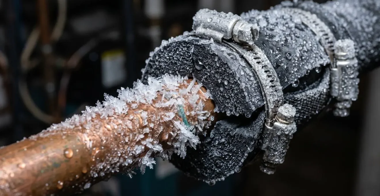 Manchon de congélation installé autour d'une canalisation en cuivre avec givre visible