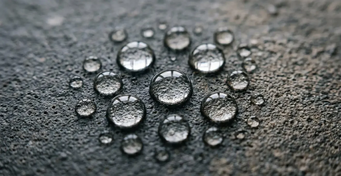 Gouttes d'eau perlant sur carrelage traité hydrofuge