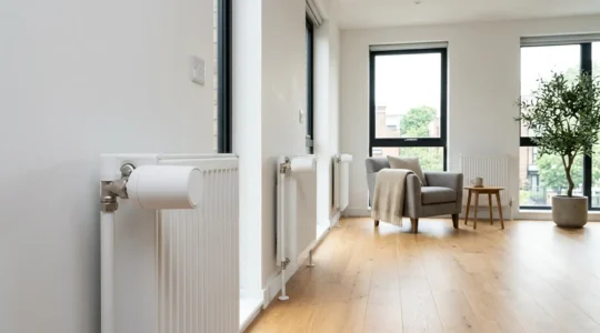 Têtes thermostatiques connectées installées sur des radiateurs dans différentes pièces d'une maison moderne