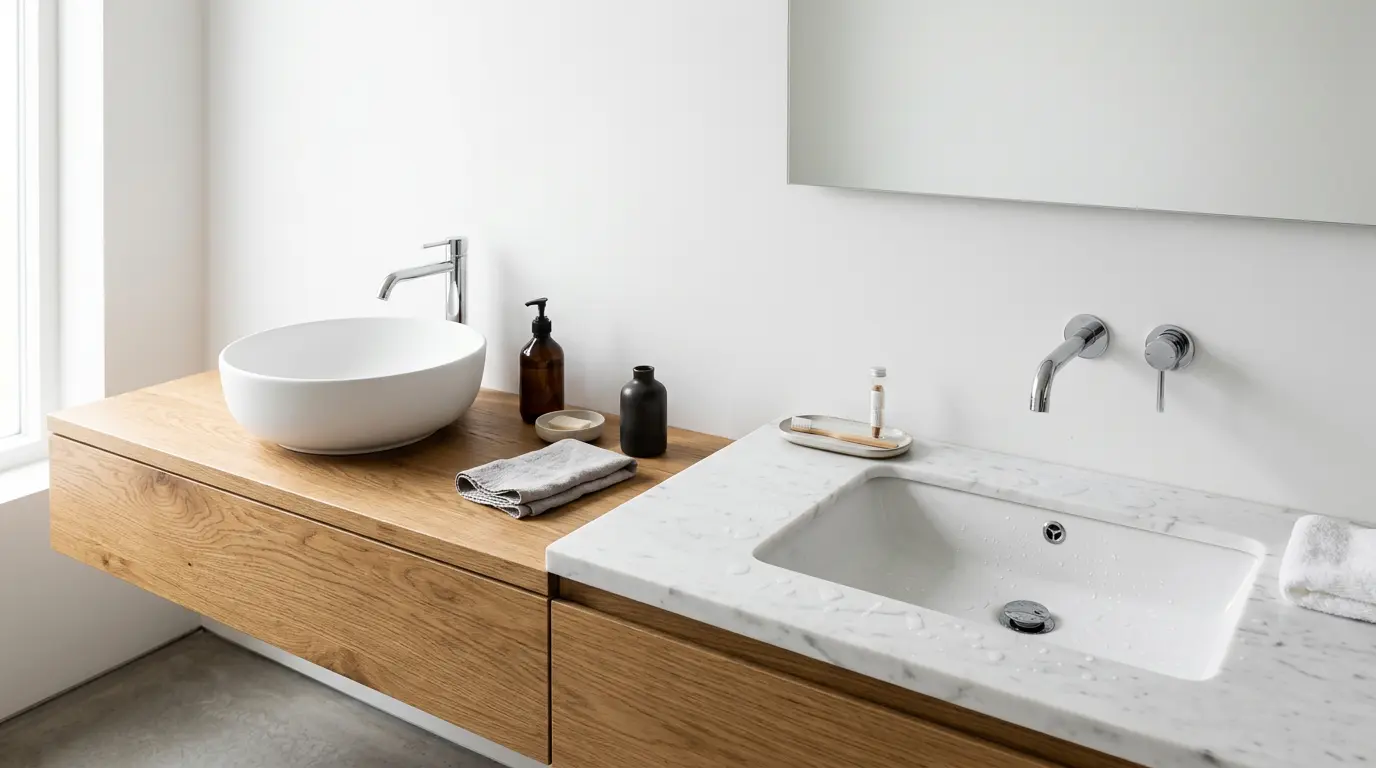 Comparaison visuelle entre une vasque à poser moderne et une vasque encastrée dans un plan de toilette en bois naturel