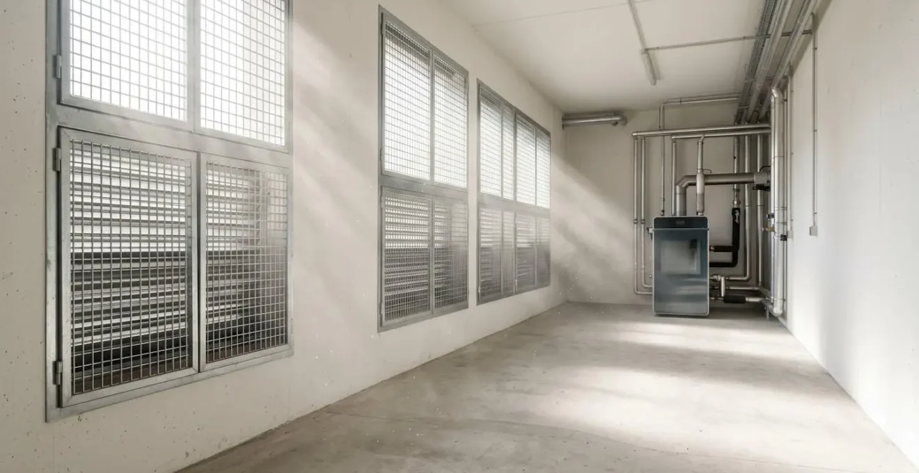 Vue large d'une chaufferie bien ventilée avec grilles d'aération visibles et flux d'air suggéré par la lumière