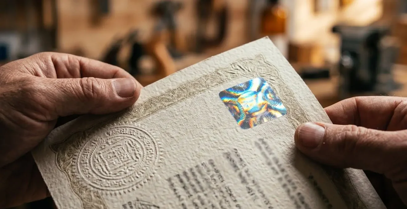 Gros plan sur des mains tenant un certificat PG avec hologramme de sécurité visible