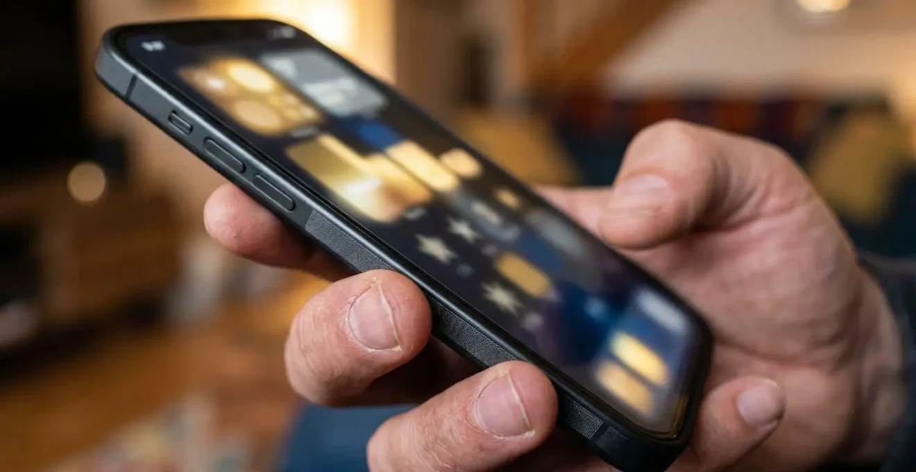 Mains tenant un smartphone moderne montrant une recherche en ligne, avec des étoiles de notation floues en arrière-plan