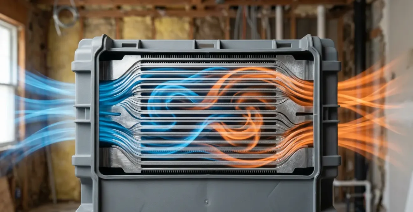 Vue détaillée d'un échangeur thermique de VMC double flux avec flux d'air visible en maison rénovée