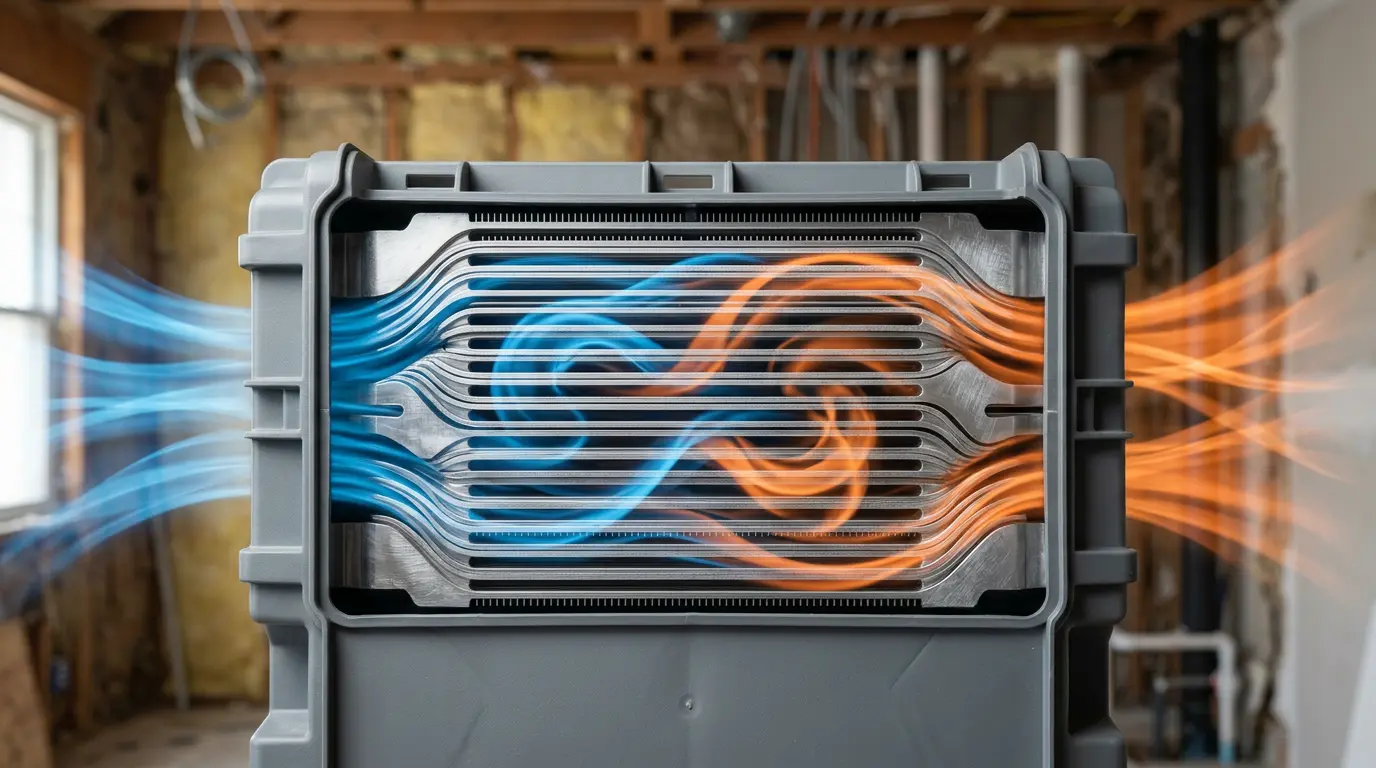 Vue détaillée d'un échangeur thermique de VMC double flux avec flux d'air visible en maison rénovée