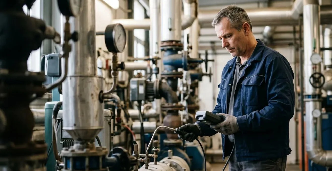 Professionnel du gaz effectuant une inspection avec analyseur de combustion dans une chaufferie