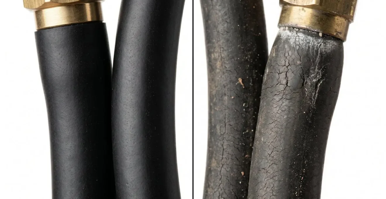 Comparaison visuelle entre un flexible gaz neuf et un flexible usagé montrant les signes de vieillissement