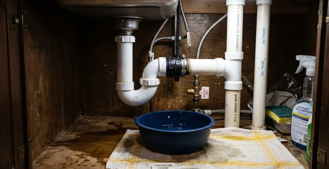 Vue rapprochée de tuyauterie sous évier montrant des gouttes d'eau s'écoulant d'un raccord défaillant, avec trace d'humidité sur le meuble et serviette placée en dessous