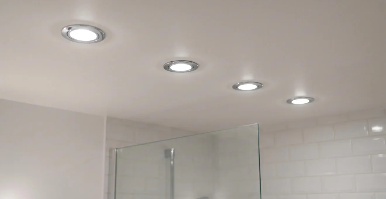 Vue en contre-plongée sur plafond blanc de salle de bain avec quatre spots LED encastrables ronds IP65 allumés, cerclage chromé, lumière blanche neutre, paroi de douche visible en arrière-plan